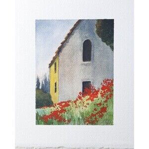 8x10 Original Watercolor Painting House Flowers Poppies Country Grass Signed